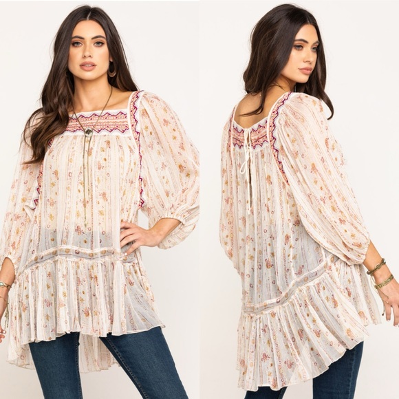 Free People Moonlight Dance Tunic - 3/4 Sleeve Boho Top With Ruffle Tie & Side Pockets (Ivory) - View #10